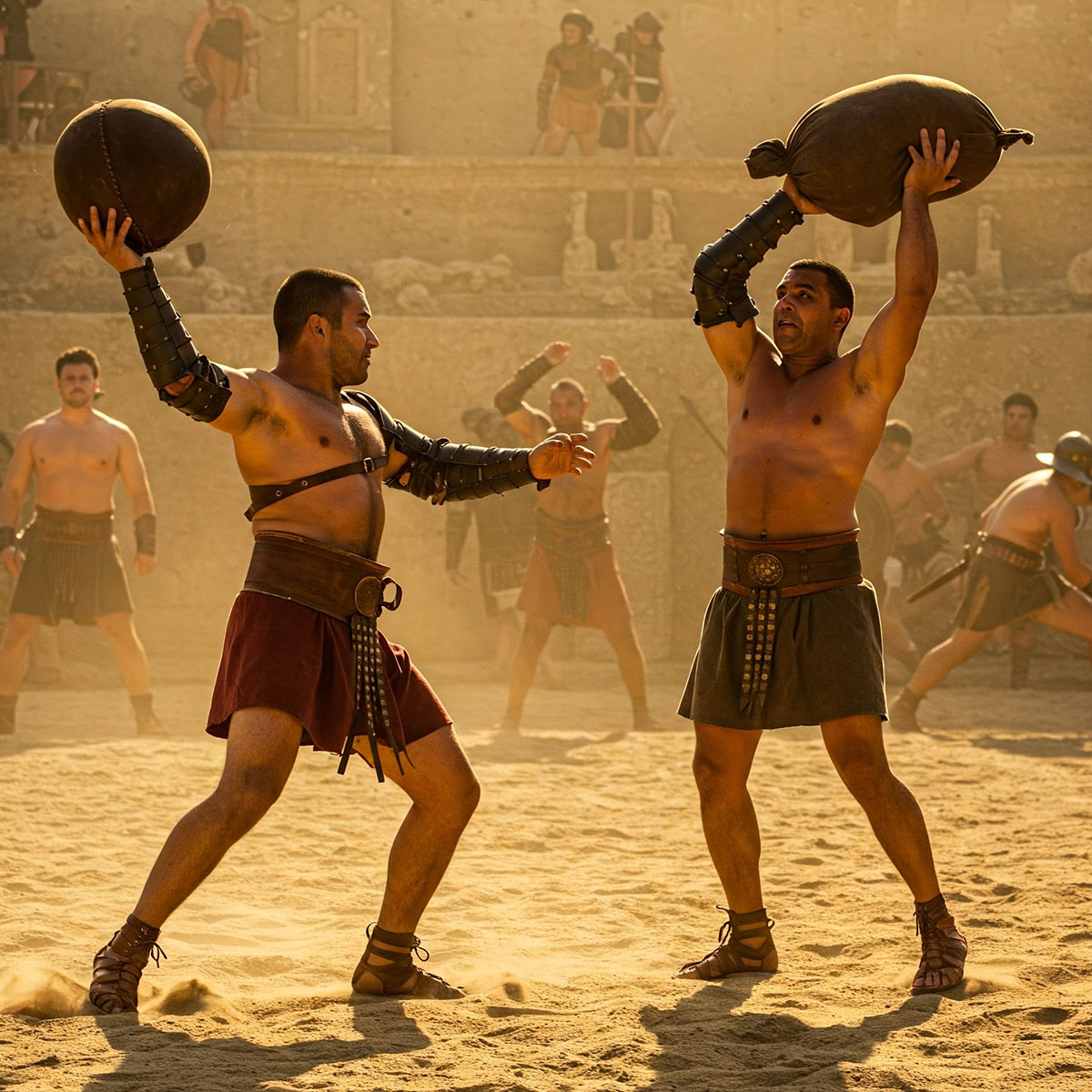 gladiatori che si allenano con la palla medica